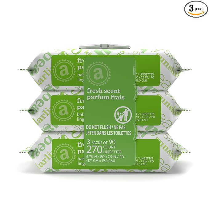 Amazon Elements Baby Wipes, Fresh Scent, Flip-Top Packs, Alcohol-Free, With Cucumber and Aloe, 270 Count, 3 Packs of 90