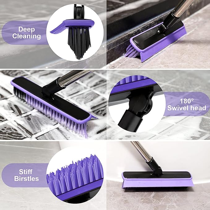 Grout Cleaner Brush with Long Handle, V-Shaped Floor Scrub Brush Swivel Grout Brush Stiff Bristle Floor Grout Scrubber for Bathroom, Tile Line, Crevice, Kitchen, Wall, Deck, Garage (Purple)