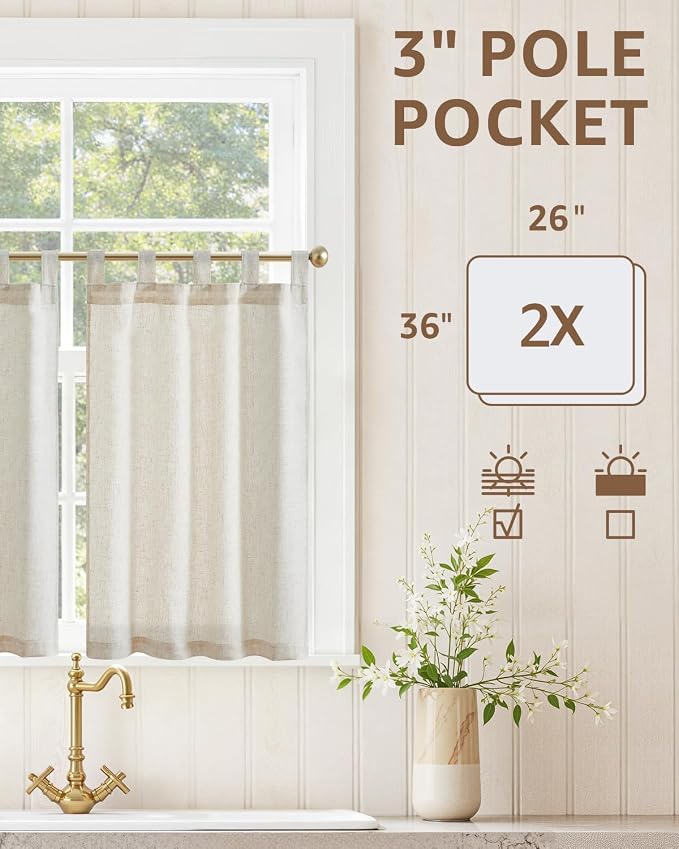 jinchan Linen Tier Curtains, Tab Top, 26x36, 2 Panels, Natural | Light filtering, linen blend, farmhouse style, rustic decor, cafe curtain, kitchen, bathroom, laundry room, RV, small windows