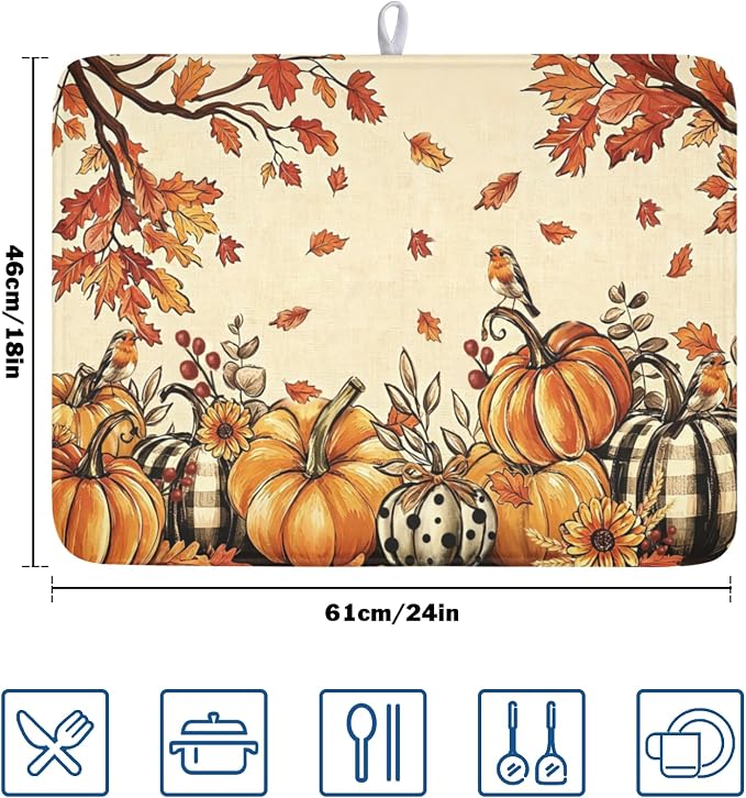 Fall Orange Pumpkin Dish Drying Mat for Kitchen Counter 18 x 24 Inch Autumn Maple Leaf Dish Drainer Mat Absorbent Microfiber Thanksgiving Harvest Dish Rack Pad for Coffee Dining Bar Decor
