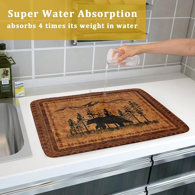 Forest Bear Dish Drying Mat 18x24 Inch Rustic Cabin Washable Microfiber Absorbent Dishes Drainer Rack Pad for Kitchen Counter Home Decor