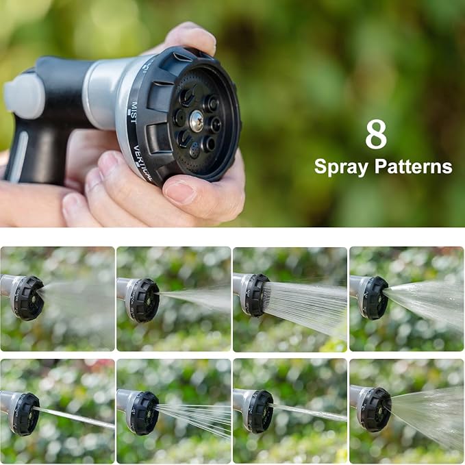 FANHAO Heavy Duty Garden Hose Nozzle, Metal Hose Sprayer Easy Thumb Control | 8 Spray Patterns, Rustproof Water Nozzle, Non-Slip Ergonomic Grip, Elder & Child Friendly for Garden, Car & Pet, Light Grey