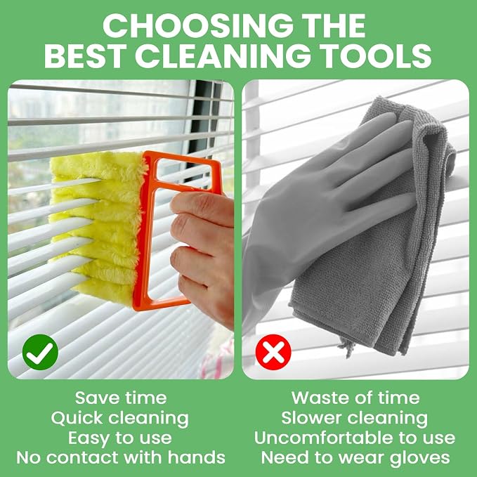 4Pcs Blind Cleaner Duster Tool Set with 7-Finger & 3-Finger Brushes，Washable Multi-Surface Dusting Kit for Wood Blinds, Venetian Blinds, AC Vents, Car Vents, Shutters & Fans (Yellow+Green)