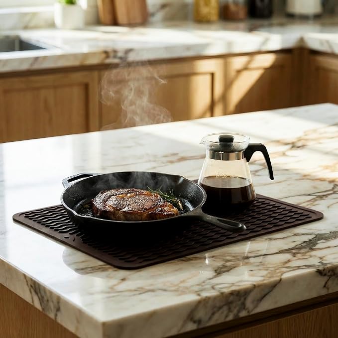 MicoYang Silicone Dish Drying Mat — Quick-Dry Ridges Counter & Sink Pad, Heat-Resistant Trivet to 450°F, Non-Slip & Dishwasher Safe, Roll-Up Storage, 18 Colors & 9 Sizes (Coffee, 16"×12")
