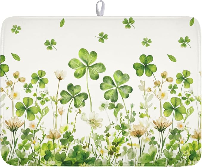 St Patrick's Day Green Clover Dish Drying Mat 18x24 Inch | Shamrock，Polyester，Absorbent Microfiber，for Kitchen Coffee Dining Bar Decor