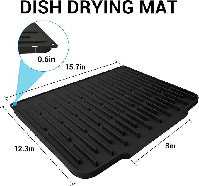 Foldable Silicone Dish Drying Mat for Kitchen Counter & Sink - Quick Dry, Space Saving, Non-Slip Pad for Small Apartments & Coffee Bar Black