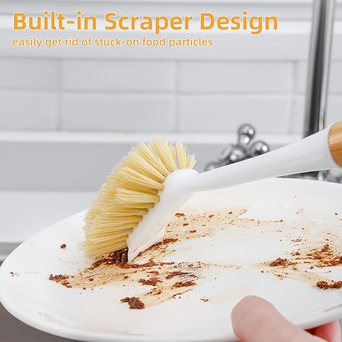 SUBEKYU Dish Brush with Bamboo Handle, Kitchen Dish Scrubber Built-in Scraper, Scrub Brush for Cleaning Pans/Pots/Sinks, Sisal Bristles, 2P