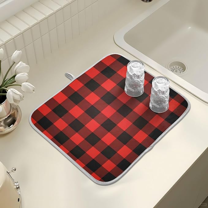 Christmas Red Black Buffalo Plaid Dish Drying Mat for Kitchen Counter Absorbent Microfiber Small Drying Pad Dish Mats for Kitchen Countertops 16 x 18 Inch