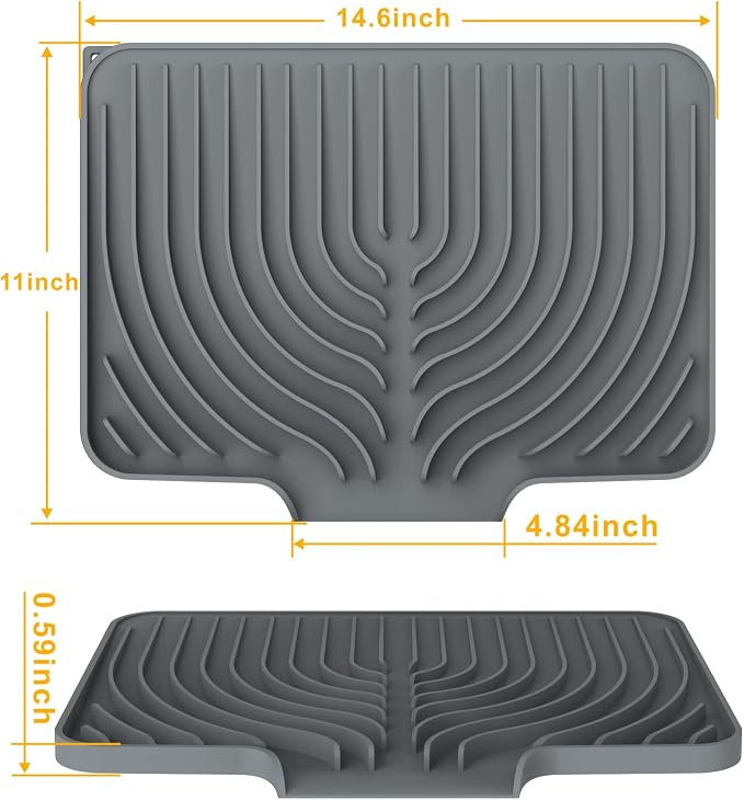 Kitchen Counter Dish Drying Mat, 14.6"x11" Dish Drying Rack(gray) | Various Sizes & Colors,Steep-Slope Built in Drain,High-fin Ventilation,Food-grade Silicone,500F heat resistant,for Flat sinks