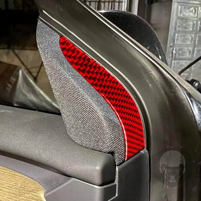 Red Real Carbon Fiber Trim for Tesla Accessories | for Model 3 2017-2022 / Model Y 2020-2024 Door Side Main Driver's Horn Speaker Panel Sticker Interior Thick Overlay Decal