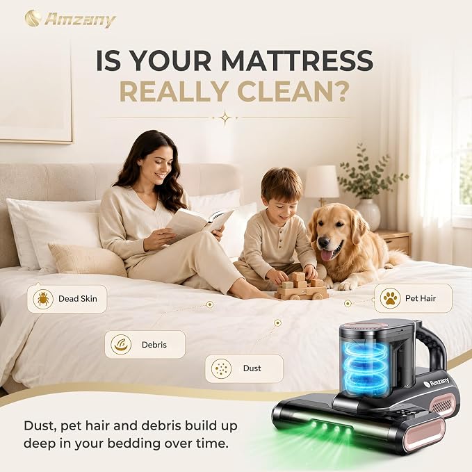 Amzany Mattress Vacuum Cleaner, 18Kpa Cordless Bed Vacuum with 253.7nm UV-C Light, 140°F Heat, HEPA Filter & Ultrasonic, Green Light Display & 52800 BPM Tapping for Bed Sofa Couch Pet Hair
