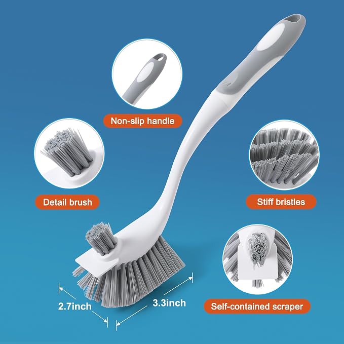 4 Pack Heavy-Duty Dish Scrub Brushes with Long Handle | Stiff Non-Scratch Bristles, Multi-Purpose Kitchen Cleaning Brushes for Pots, Pans, Bottles, Deep Cleaning