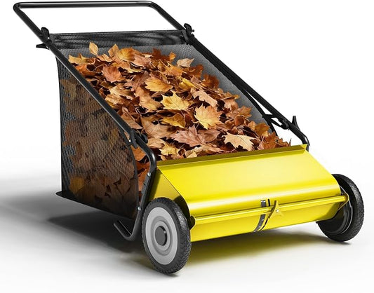 26-Inch Push Lawn Sweeper, Heavy Duty Stainless Steel Yard Sweeper with 4 Spinning Brushes, 7 Cu. ft. Large Capacity Hopper Bag, Adjustable Brush Height, Rubber Wheels for Leaves Grass Clippings