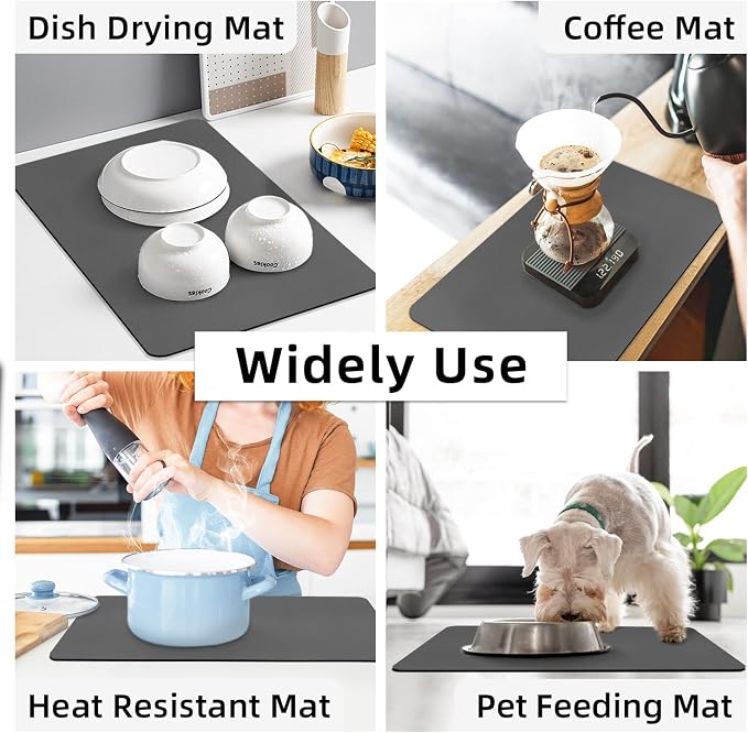 LOPNUR Kitchen Dish Drying Mat, 24"x16" Large Dish Drying Mats for Kitchen Counter, Diatomite Coffee Mat, Super Absorbent Dish Drying Pad, Heat Resistant Mat with Anti-slip Rubber Backed, Grey