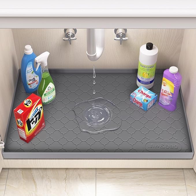 Jin&Bao Waterproof Under Sink Mat 34" x 22", Thick Silicone Mat Cabinet Protector for Kitchen and Bathroom, Shelf Liner, Home Organizer and Storage, Multipurpose Tray for Gadgets and Essentials
