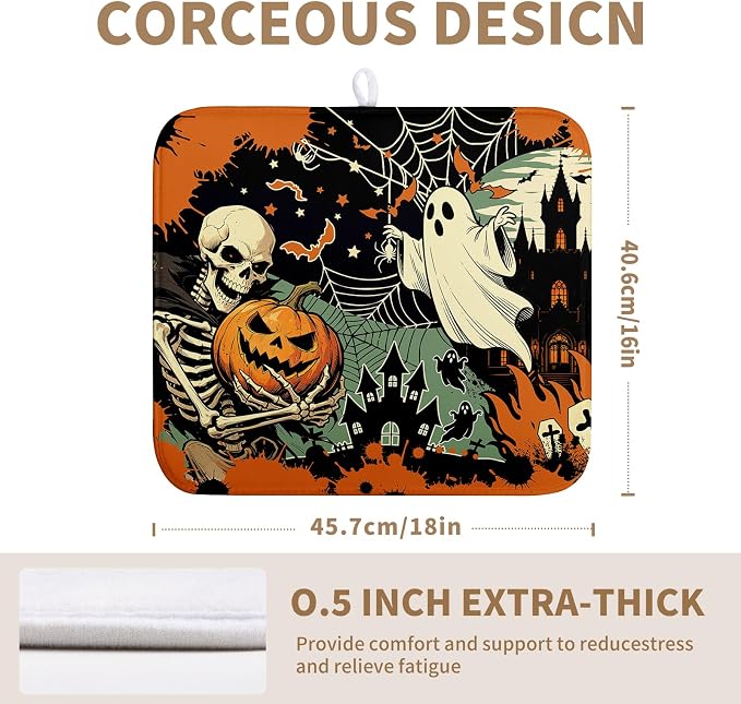 Halloween Ghost Skeleton Dish Drying Mat for Kitchen Counter 16x18 Spooky Skull Pumpkin Bat Fall Dish Mat Orange Black Holiday Dishes Drying Pad Absorbent Microfiber Dish Drainer Mats