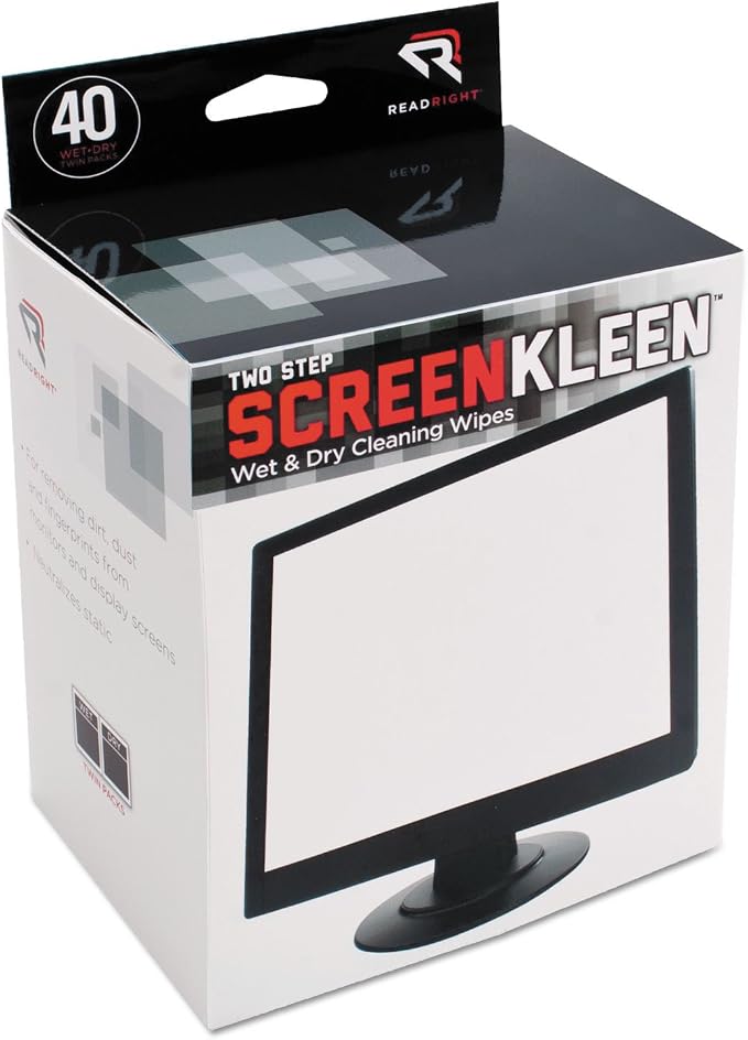 Read Right Two Step ScreenKleen Wet and Dry Cleaning Wipes (RR1305) | Twin packs contain one pre-saturated wipe to remove | Alcohol-Free Cleani | Efficient and Convenient Method | Always Refer