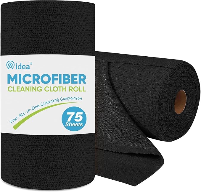 AIDEA Microfiber Cleaning Cloth Roll-75PK, Black Paper Towels 11.5"×11.5" | Microfiber Towels for Cars, Reusable Tear Away Cloth, Shop Rags, Lint Free Cleaning Rags for House, Kitchen, Window