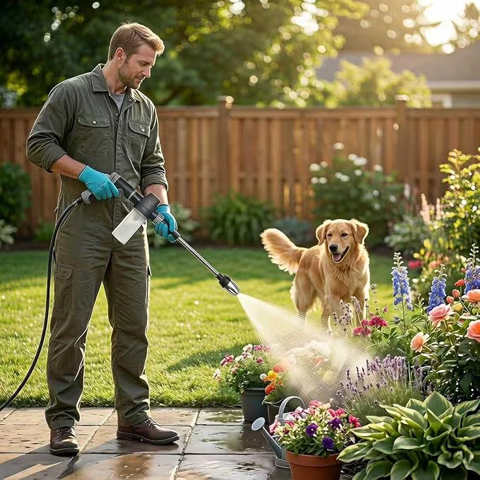 High Pressure Hose Nozzle with 4 Spray Modes, Adjustable Water Spray Gun, Metal Garden Hose Sprayer for Car Wash, Plant Watering, Patio & Outdoor Cleaning (Sprayer Kit with 3 Connectors & Foam Cannon)