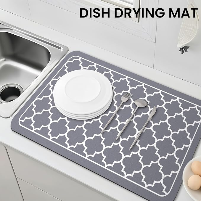 WISELIFE Dish Drying Mat Super Absorbent Drying Mat Large Dish Drying Mats for Kitchen Counter Easy Clean Dish Mat Kitchen Drying Mat18"x 28" Stylish Grey