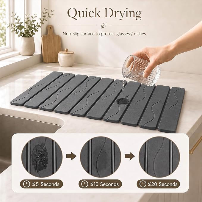 Large Stone Dish Drying Mat for Kitchen Counter, 2PCS Quick Dry Stone Dishes Mat, Foldable Water Absorbing Diatomaceous Drying Organizer Pad for Plates Rack Bottles Utensils(Wave, 24"×16" & 8"x4")