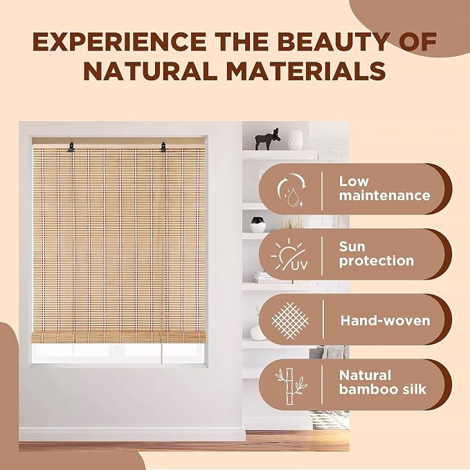 Bamboo Blinds for Interior Windows, 45"W X 48"H Bamboo Roller Shades Indoor | Roll Up Shades Light Filtering for Outdoor Patio, Decks, Porch, Backyards Natural Bamboo Material, Easy to install