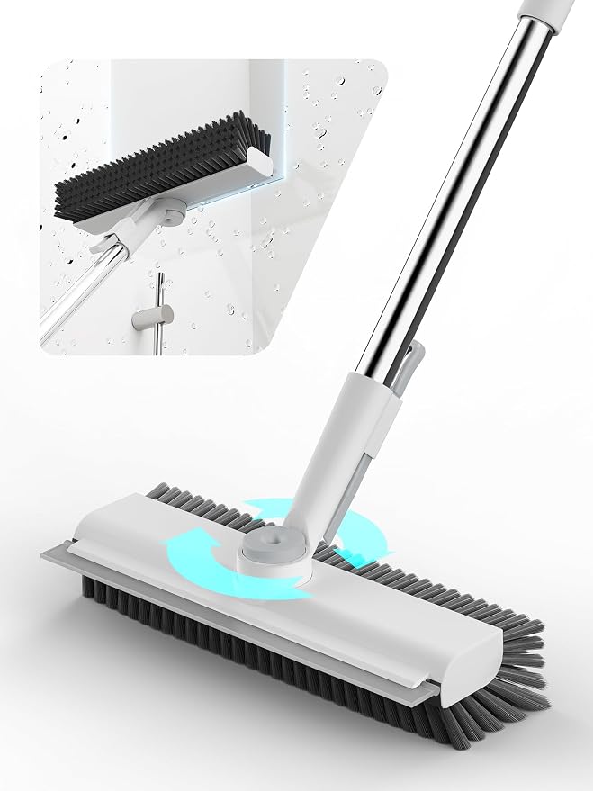 3 in 1 Floor Scrub Brush with Long Handle, Multi-Angle Swivel Head | Stiff Dual-side Bristle, Floor Scrubber with Squeegee & Tweezer for Tile Wall Deck Bathtub Patio Garage Pool Kitchen (White)