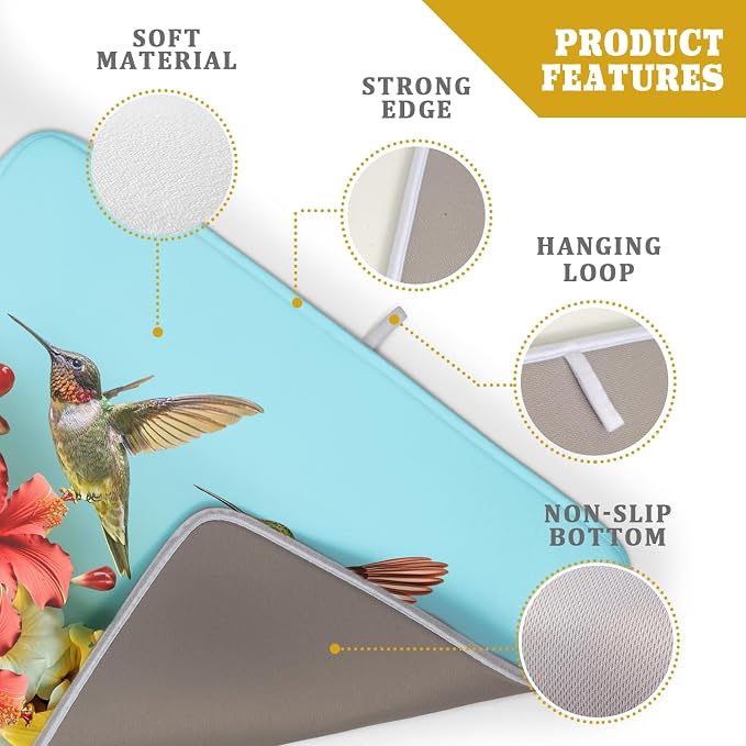 Kawani Hummingbirds Floral Dish Drying Mat for Kitchen Counter 18x24 In Hibiscus Tropical Drying Mat Farmhouse Fast Dry Absorbent Microfiber Dish Drainer Rack Pad Mat for Countertop Decor