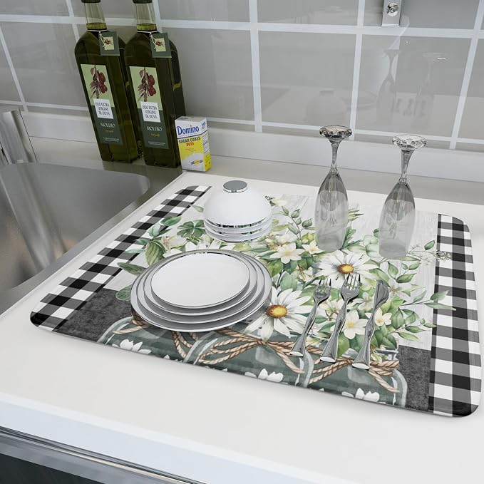 Daisy Floral Dish Drying Mat for Kitchen Counter Watercolor Flowers Absorbent Dishes Drainer Rack Mat 18x24 Inch Microfiber Dish Drying Pads Spring Kitchen Drying Dishes Pad Countertops
