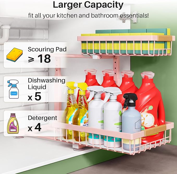 Kitstorack Under Sink Organizer, 2 Tier Under the Sink Storage, Slide out Pull out Cabinet Organizer Shelf, Metal Sliding Drawer for Kitchen Bathroom Pantry Closet Organization Rack, Pink, 2 Pack
