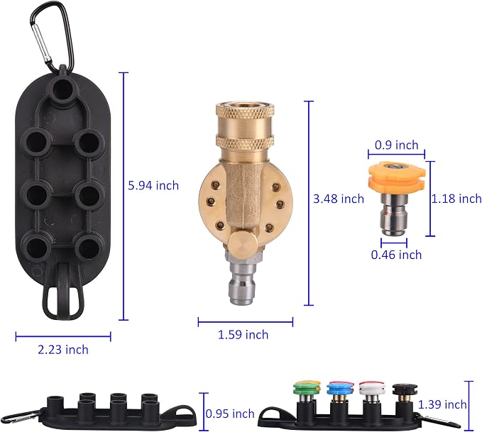 PWACCS 240° Swivel Coupler & 7 Nozzle Set for Pressure Washer, 4500 PSI | 1/4" Quick-connect Brass Fitting, For Gutters, Cars and Patios, Includes Nozzle Holder, Power Washer Pivoting Coupler Kit