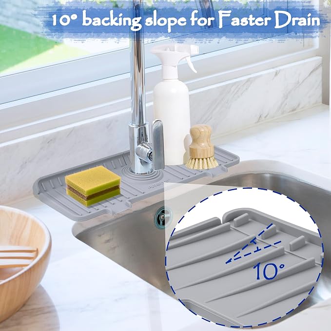 Amerner Kitchen Sink Splash Guard, Silicone Faucet Guard & Draining Mat, 10° Large Slope Sink Faucet Mat Splash Guard, Bathroom Sink Organizer, Kitchen Sink Accessories Gadgets, 14.2” x 5.1”, Gray