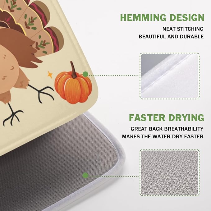 Thanksgiving Turkey Dish Drying Mat for Kitchen Counter 16x18 Inch Pumpkin Dish Drainer Mat Absorbent Microfiber Gobble Dish Rack Pad for Fall Holiday Coffee Dining Bar Decor
