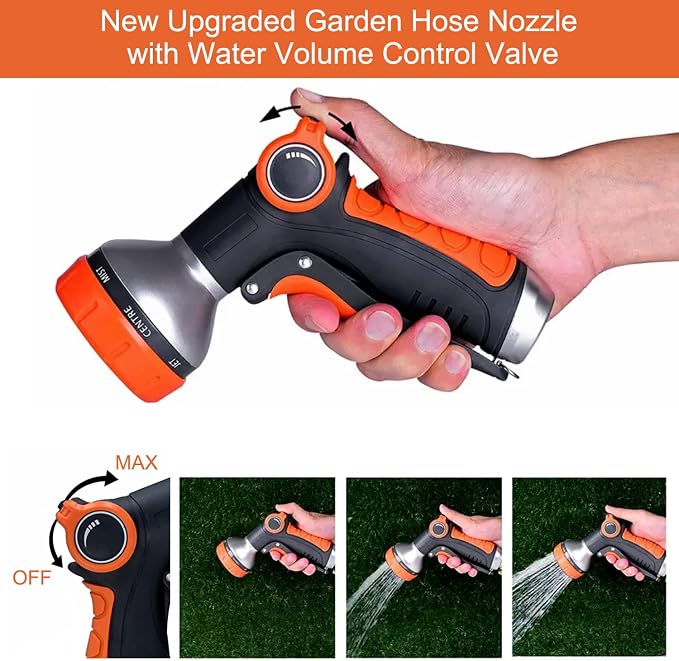 Garden Hose Nozzle Heavy Duty, High Pressure Adjustable 8 Patterns | Metal Water Hose Nozzle Volume Control Valve Attachment Hose Sprayer Nozzle for Outdoor Garden Watering Car Washing