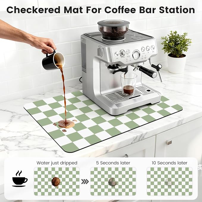 12" x 20" Checkered Dish Drying Mat for Kitchen Counter, Absorbent Coffee Bar Mat for Espresso Machine Coffee Countertops Accessories, Sage