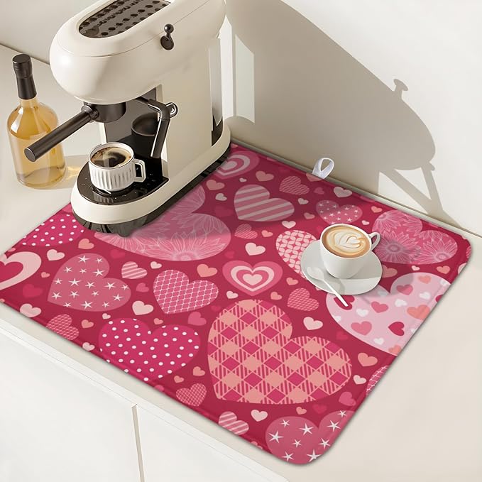 Valentine's Day Red Heart Dish Drying Mat 16x18 Inch | Polyester，Absorbent Microfiber，for Kitchen Coffee Dining Bar Decor