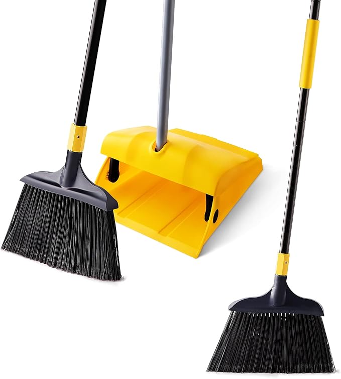 Yocada Commercial Broom and Dustpan Set with Windproof Cover 2 Plus 1 | Commercial Outdoor Indoor for Courtyard Garage Lobby Mall Market Floor Home Kitchen Room Office Pet Hair Rubbish