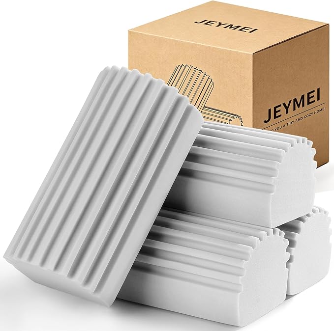 Jeymei Damp Clean Duster Sponge,4Pcs Grey Dust Sponge for Cleaning | Damp Dusting Sponge with Ridges,Baseboard Cleaning Tool,Reusable Wet Duster Sponge,Household Cleaning Sponges for Blinds