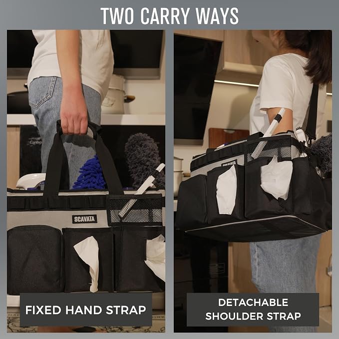 SCAVATA Wearable Cleaning Caddy Bag, Cleaning Caddy Supplies Organizer with Handle & Shoulder Straps for Housekeepers, Under Sink & Car Cleaning Tool Organizers with 4 Foldable Divider (Grey)