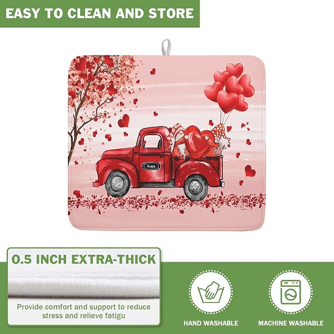 Valentine's Love Truck Dish Drying Mat, Valentine Red Gnomes Dish Drying Mat for Kitchen Counter, Valentine's Day Absorbent Fast Dry Dish Drainer Mat Protector Microfiber Dish Drying Pad 16"x18"