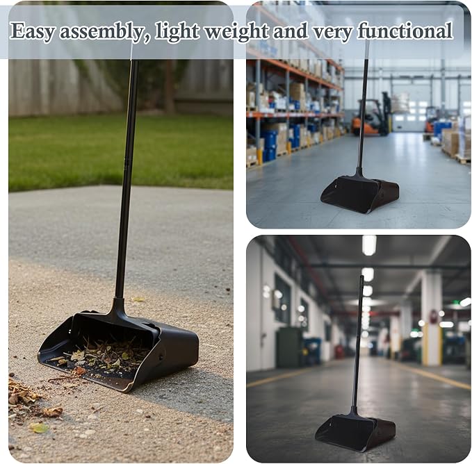 Pivoting Upright Dust Pan with Long Handle and Wheels, Large Capacity, Heavy Duty Commercial Dustpan for Indoor Outdoor, Standing Dust Pan for Home and Restaurant Cleaning, Black