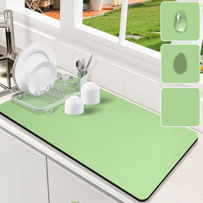 Dish Drying Mat for Kitchen Counter,Dish Drying Pad with Non-slip Rubber Backed, Hide Stain Anti Absorbent for Kitchen Counter, Drying Mat for Coffee Machine Dish Rack (Green, 17" x 31.5")