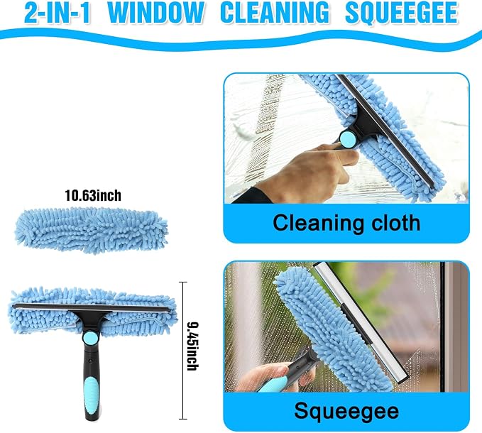 25FT Reach Window Squeegee Kit with Extension Pole, 2-in-1 Professional Washer for High Windows, 5-20FT Adjustable Reach, Rotatable Head for Indoor & Outdoor Use, Streak-Free Cleaning Tool for Home