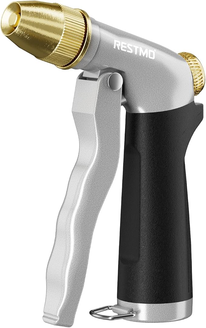 RESTMO Metal Water Hose Nozzle, High Pressure Garden Sprayer, Black | Adjustable Brass Head for 4 Spray Patterns, Heavy Duty Garden Water Sprayer for Outdoor Lawn & Plant & Car