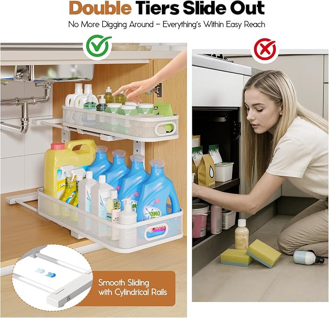 2 Pack 19.3IN-Depth Under Sink Organizer with Smooth Cylindrical Rail,2-Tier Pull Out Multi-Purpose Cabinet Storage for Bathroom&Kitchen,Height Adjustable,Rust-Resistant Coating-White