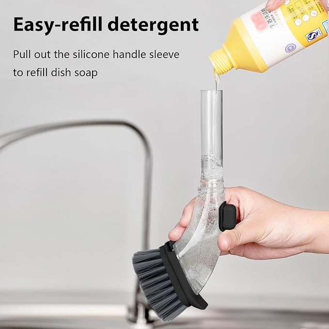 DAPOWER Soap Dispensing Dish Brush with Handle, Kitchen Scrub Brush for Dishes Pots Pans Sink Cleaning (Black)