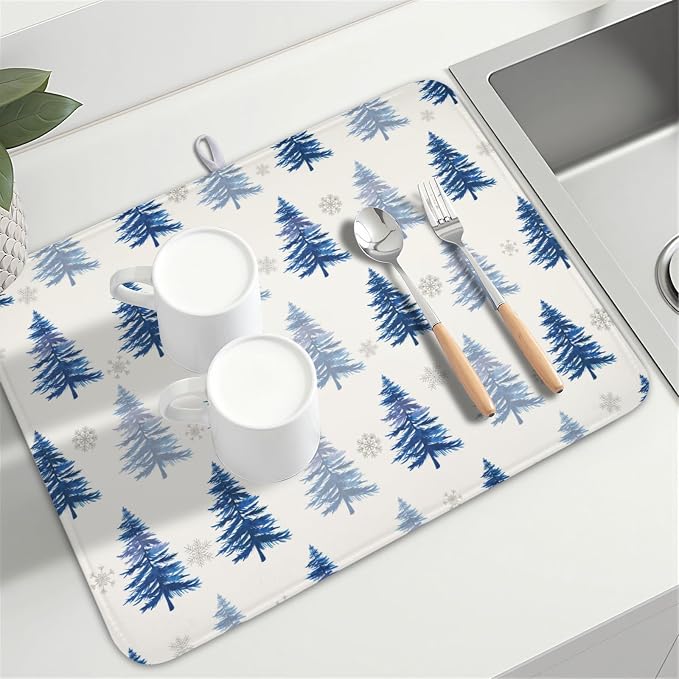 Winter Dish Drying Mat 18 x 24 Inch Blue Tree Dish Drying Pad Absorbent Microfiber Mats for Snowflake Dish Rack Pad for Holiday Kitchen Counter Coffee Bar Decor