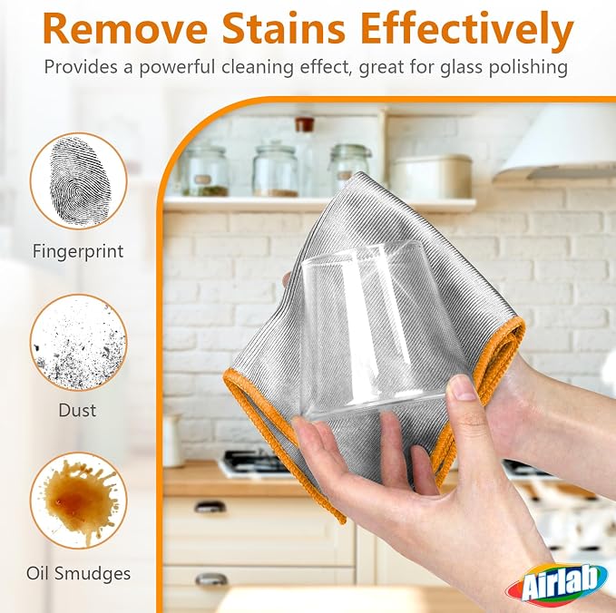 Airlab Glass Polishing Streak Free Miracle Cleaning Cloth, Sliver-Orange | Lint Free Microfiber Cleaning Rags for Glasses Kitchen Dish Mirrors Easy Clean, 12 x 12 Inches, Pack of 6