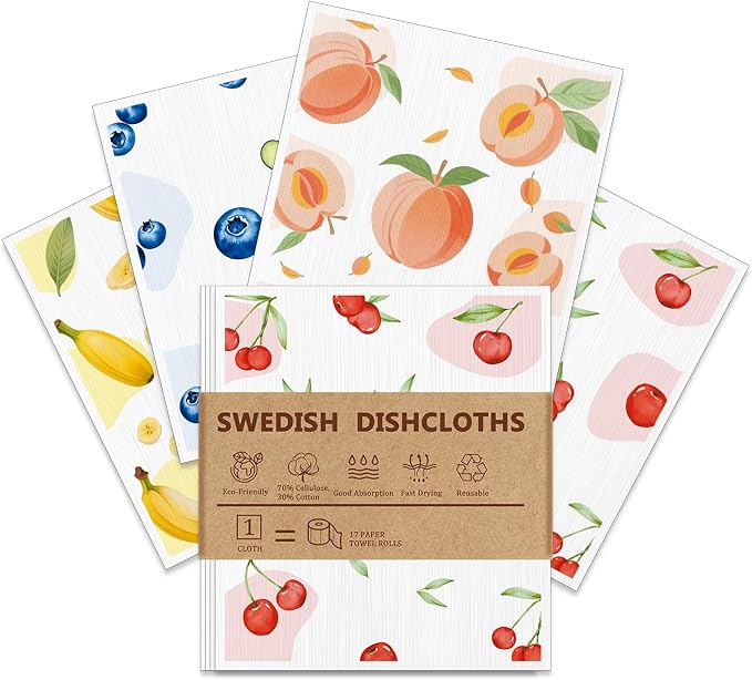 4 PCS Swedish Dishcloths, Reusable Kitchen Dish Cloths, Super Absorbent Cellulose Sponge Cloths, Odor Resistant, Dishwasher Safe & Multi-Purpose Cleaning Cloths