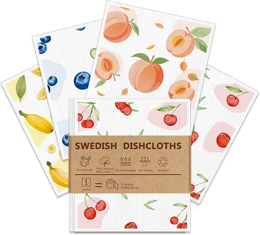 4 PCS Swedish Dishcloths, Reusable Kitchen Dish Cloths, Super Absorbent Cellulose Sponge Cloths, Odor Resistant, Dishwasher Safe & Multi-Purpose Cleaning Cloths